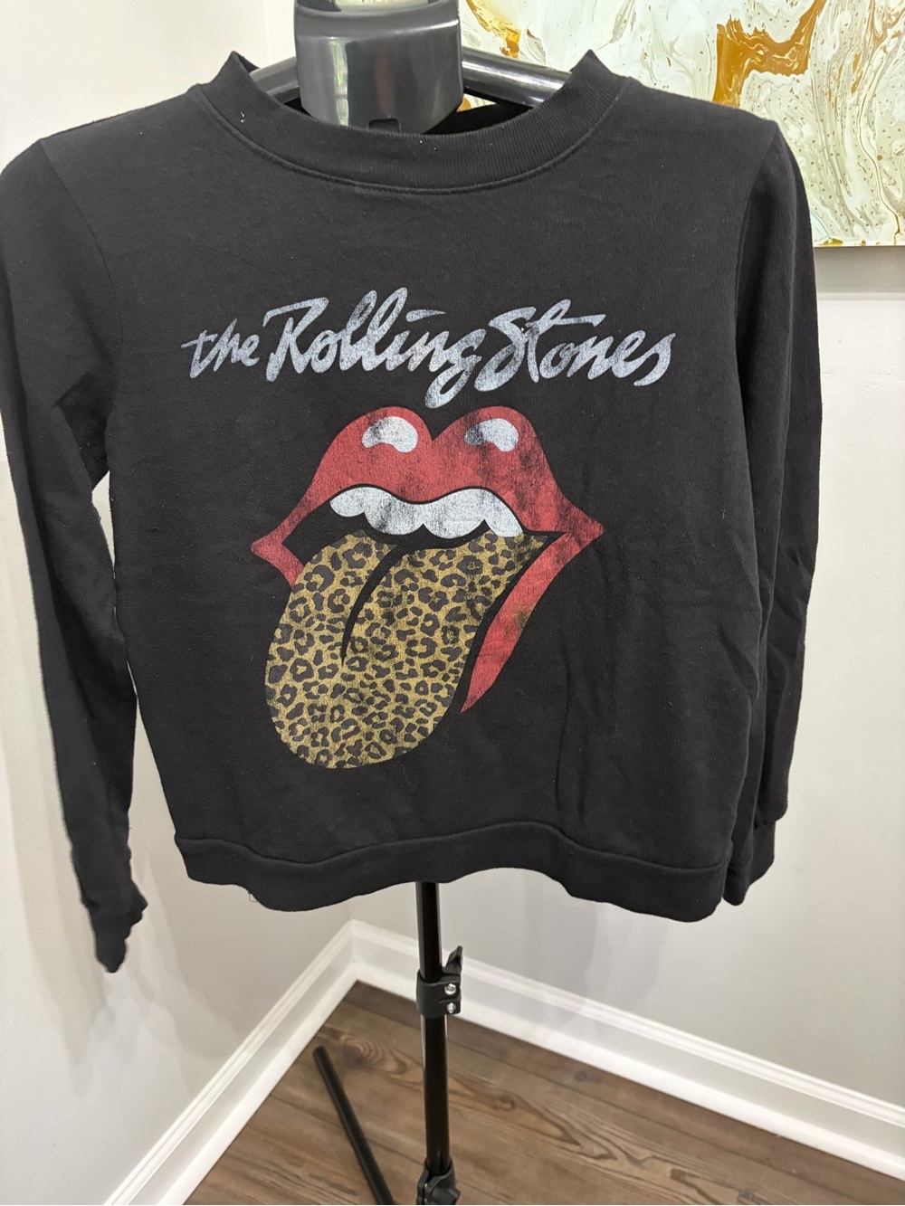 the Rolling Stones Black Crewneck Sweatshirt with Red Lips and Leopard Tongue